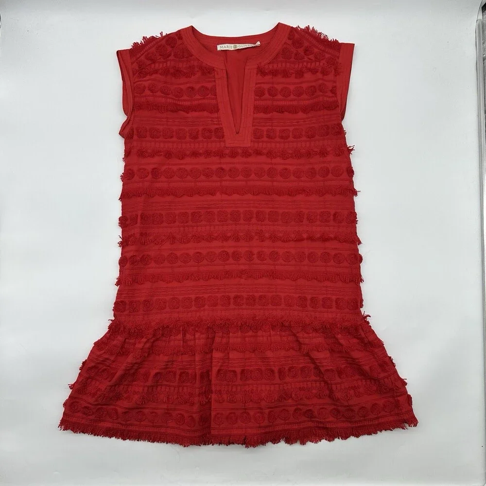 Marie Oliver Herra Women's Size XS Salsa Red Embroidery & Fringe Shift Dress - Picture 3 of 15